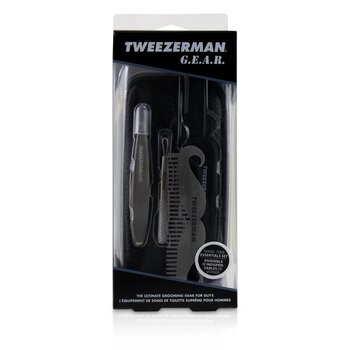 Tweezerman G.E.A.R. Travel Tool Essentials Set: Mini Slant Tweezer + Mini Skin Care Tool + Moustache Comb + Precision Folding Razor + Bag