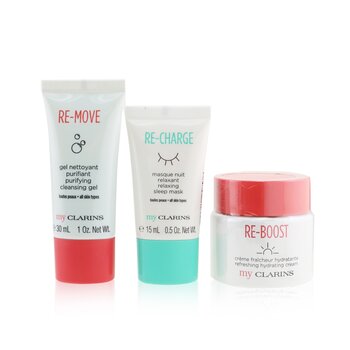 My Clarins The Essentials Set: Re-Boost Hydrating Cream 50ml+ Re-Move Cleansing Gel 30ml+ Re-Charge Sleep Mask 15ml