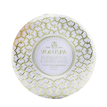 Voluspa 3 Wick Decorative Tin Candle - Eucalyptus & White Sage